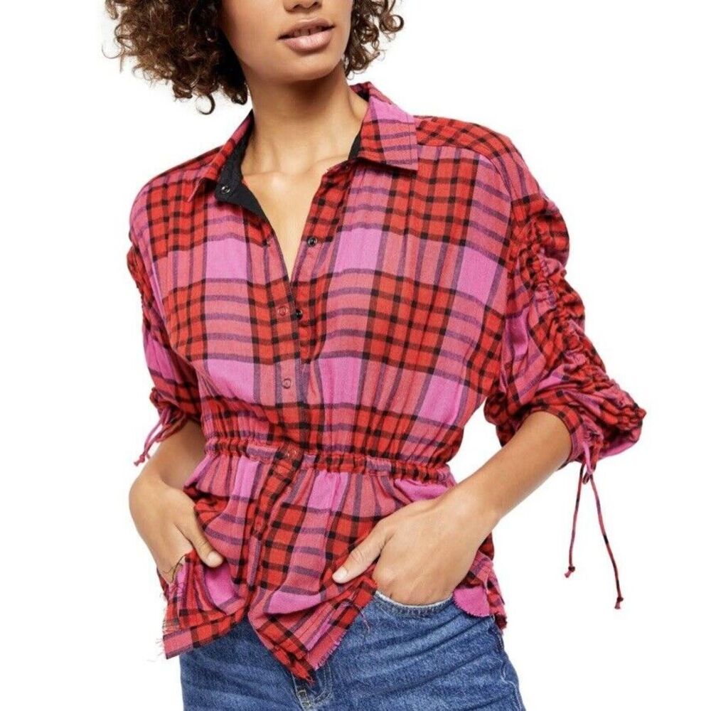 Free People Blouse Womens S Small Pacific Dawn Plaid in Red Combo Button Up NWT